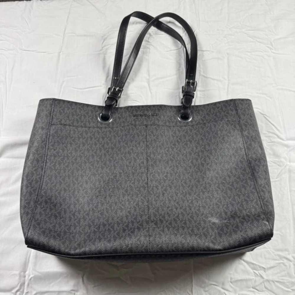 Michael Kors Signature Monogram Tote Bag Black Leather Shoulder Bag